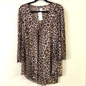 Jordan Taylor Sheer Tunic Blouse Beach Cover- up XL Leopard Print Brown NEW